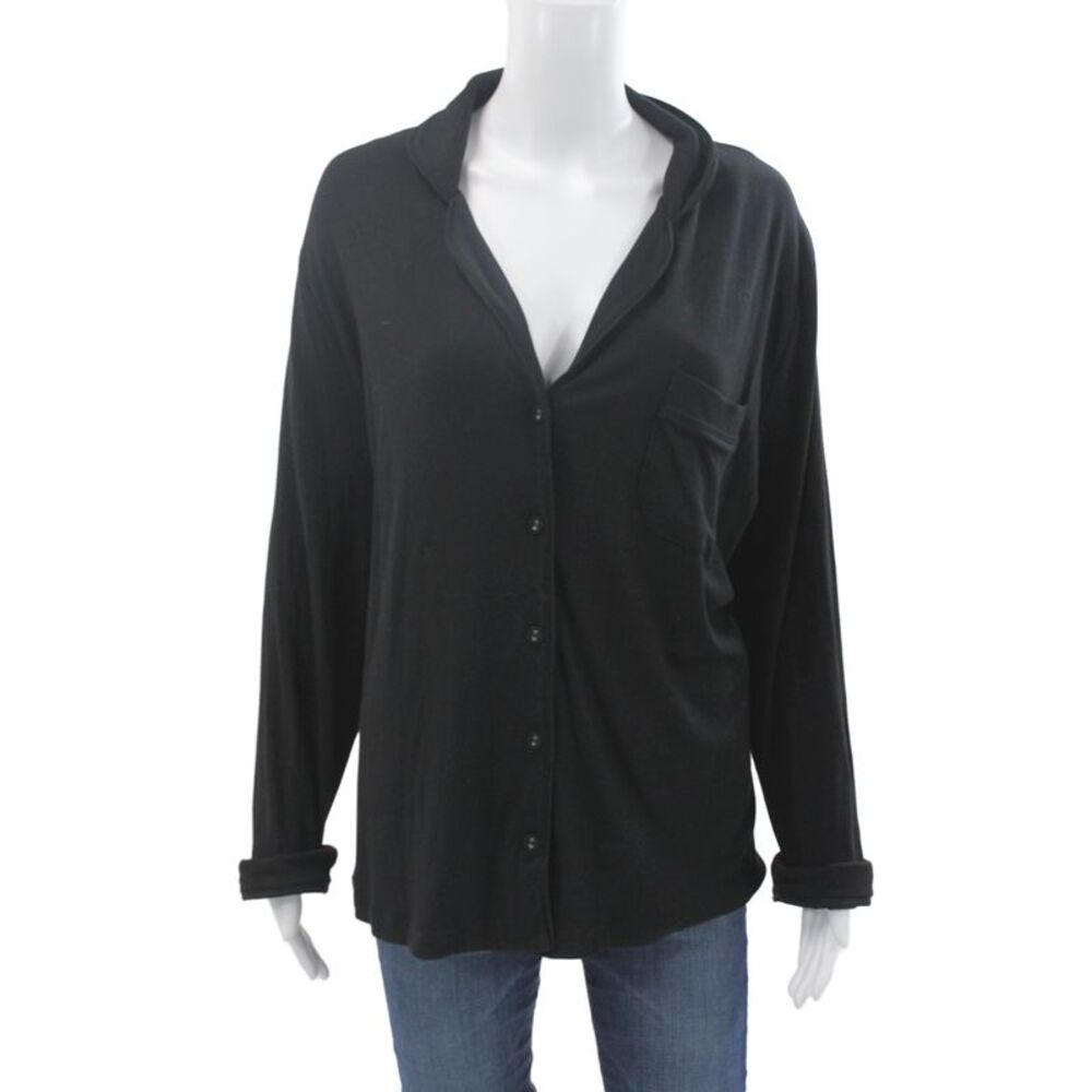 Skims Women Collared Long Sleeve Pima Cotton Button Up Top Black Size XL - Picture 1 of 6